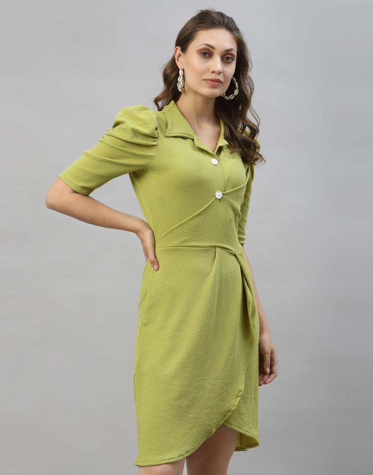 Olive Green Puff Sleeve Collared Dress | Sudathi