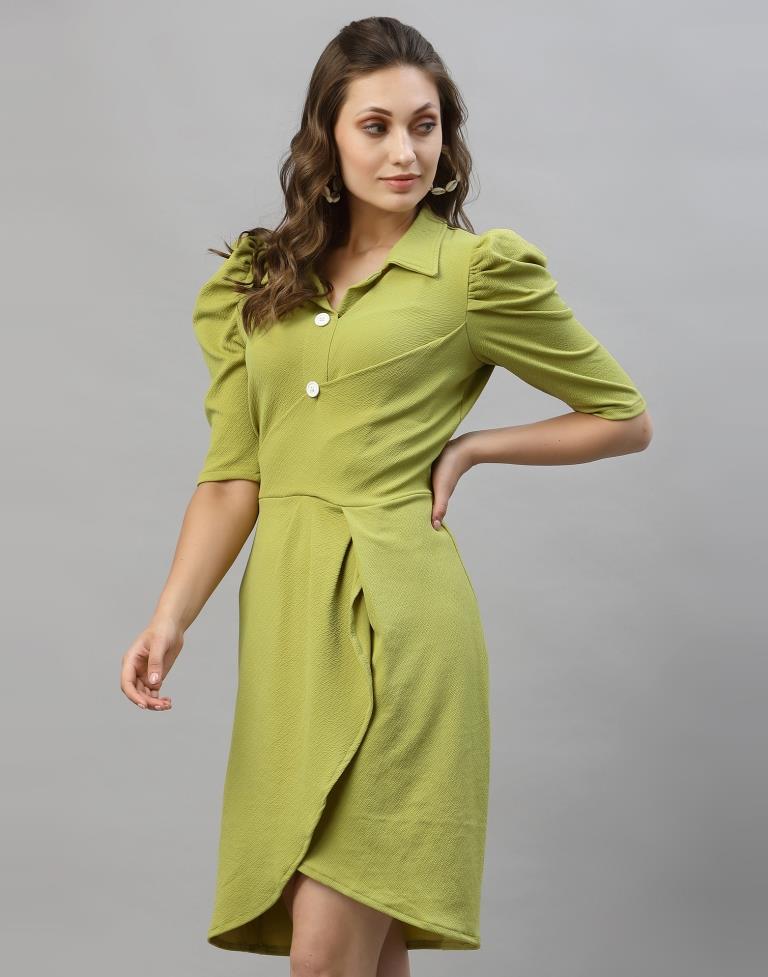 Olive Green Puff Sleeve Collared Dress | Sudathi