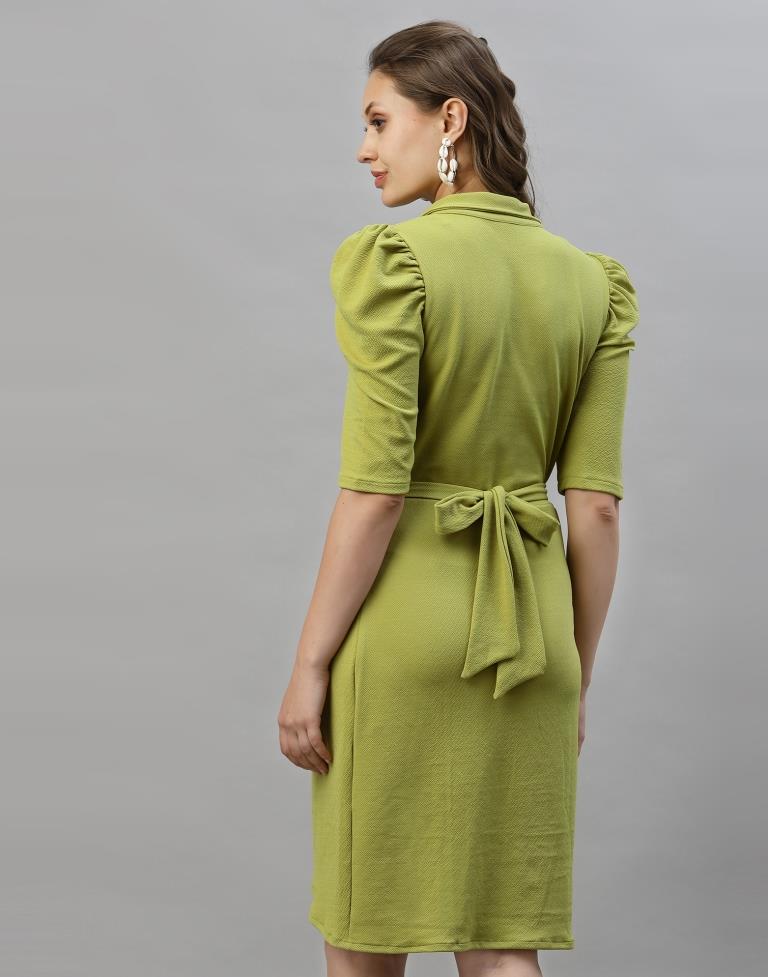 Olive Green Puff Sleeve Collared Dress | Sudathi