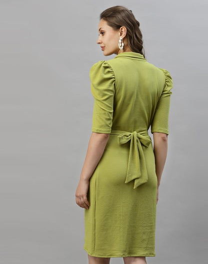 Olive Green Puff Sleeve Collared Dress | Sudathi