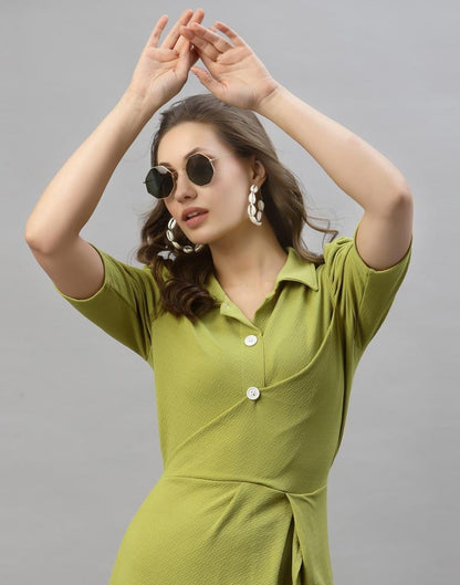 Olive Green Puff Sleeve Collared Dress | Sudathi