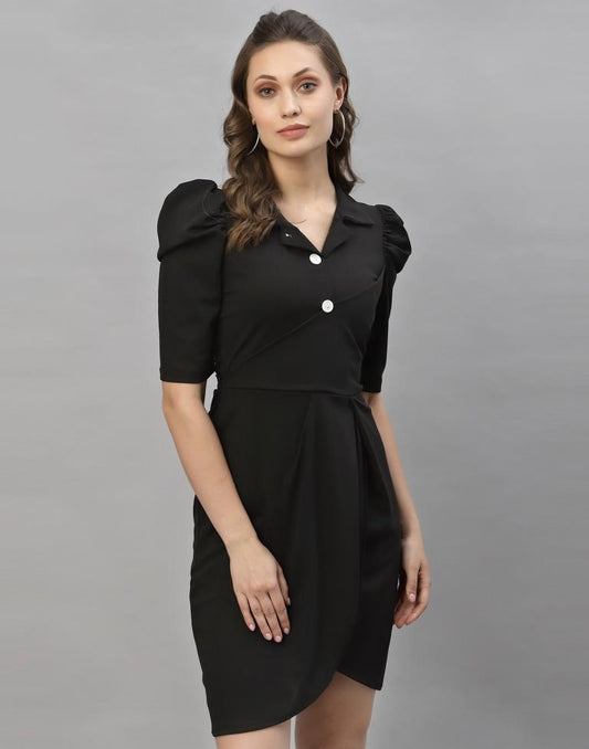 Black Puff Sleeve Collared Dress | Sudathi