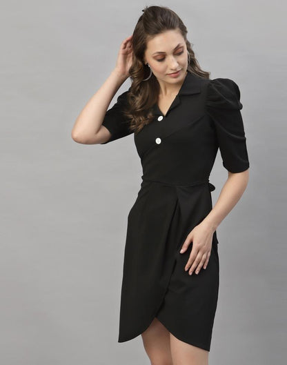 Black Puff Sleeve Collared Dress | Sudathi