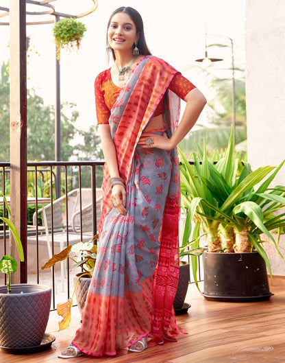 Grey & Red Printed Chiffon Saree