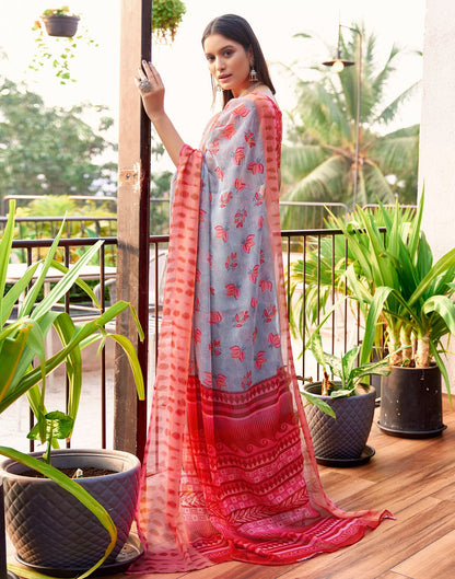 Grey & Red Printed Chiffon Saree