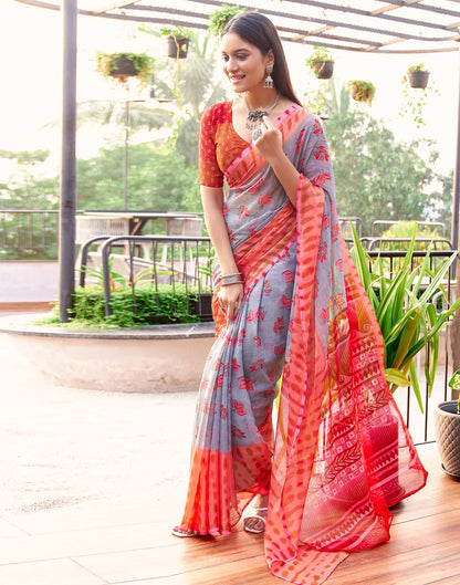 Grey & Red Printed Chiffon Saree