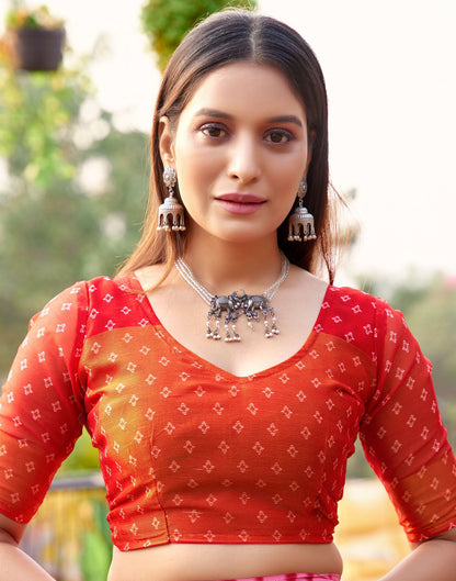 Grey & Red Printed Chiffon Saree