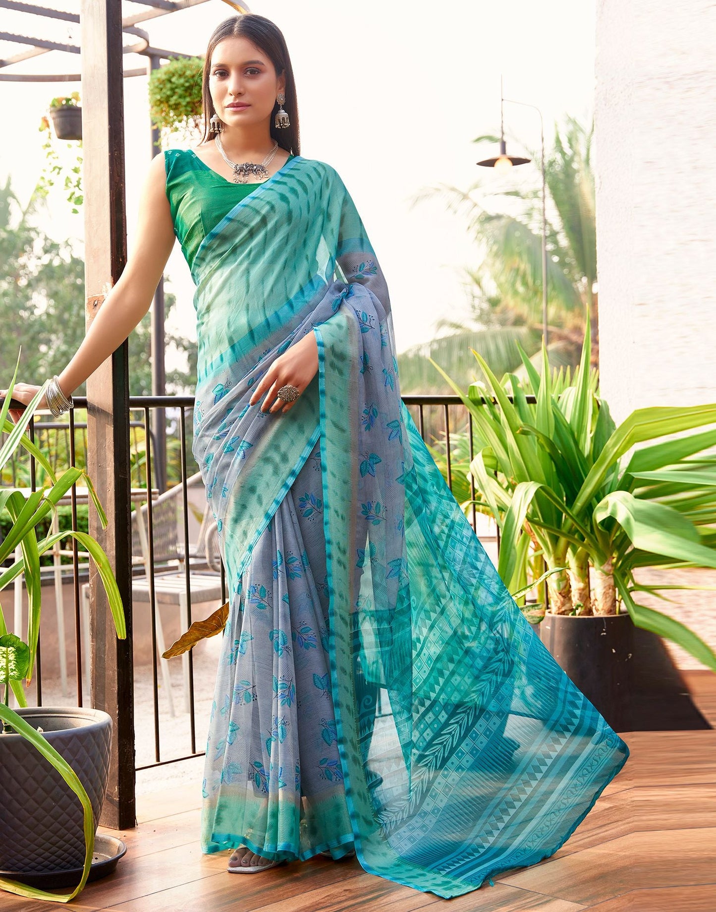 Grey & Multicoloured Printed Chiffon Saree