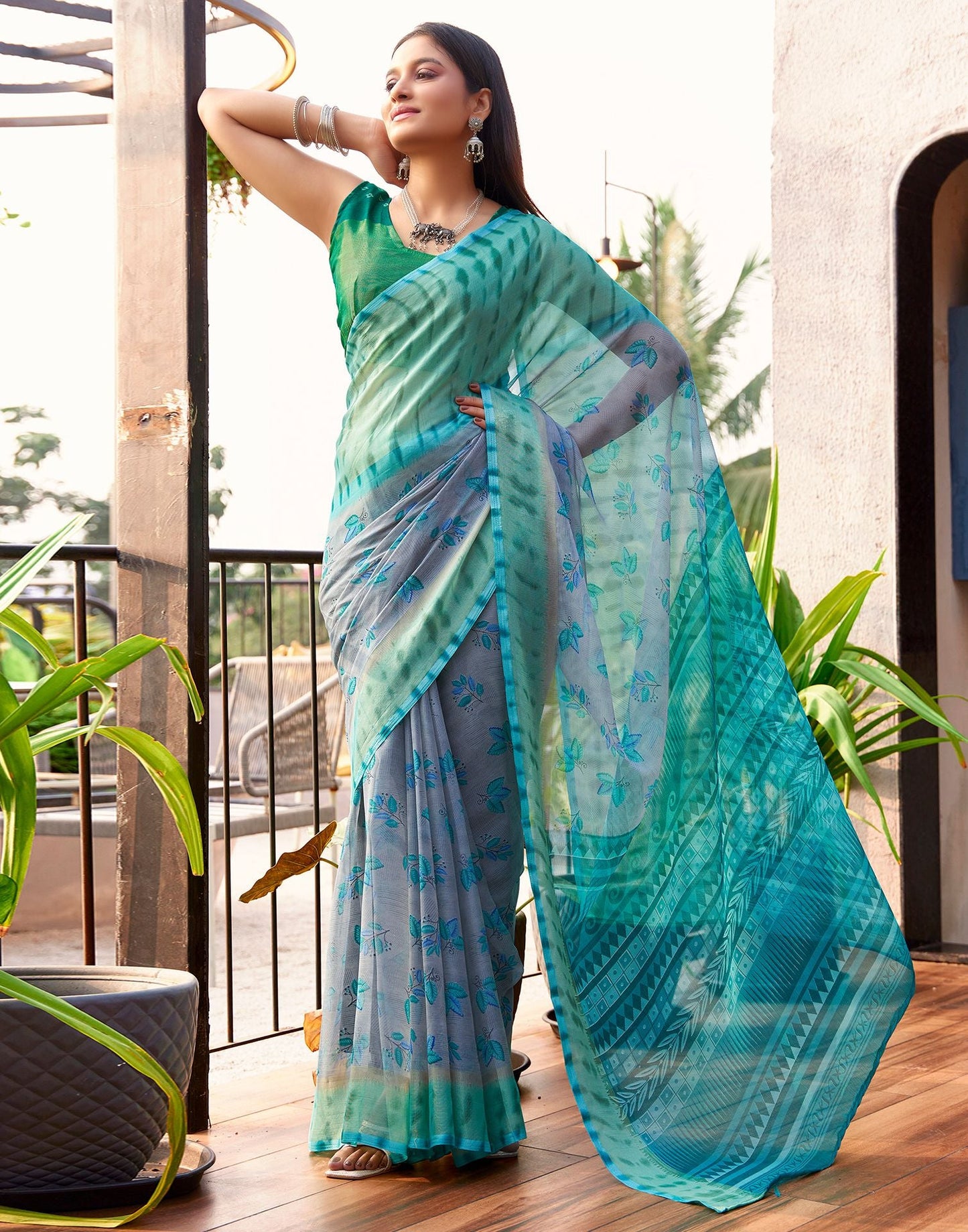 Grey & Multicoloured Printed Chiffon Saree