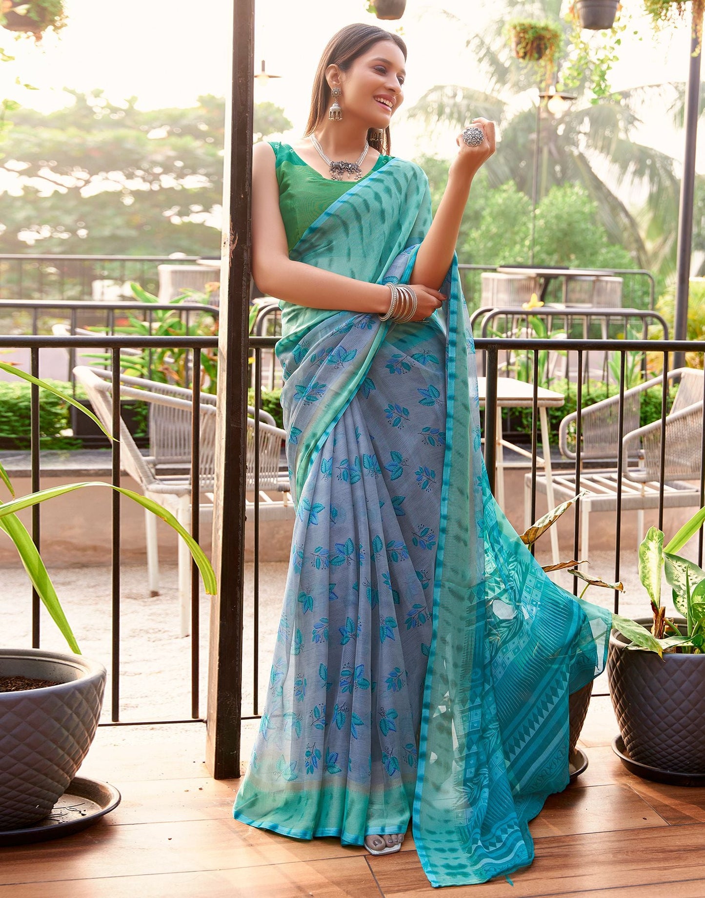 Grey & Multicoloured Printed Chiffon Saree