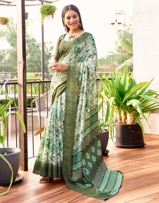 Beige & Pista Printed Silk Saree