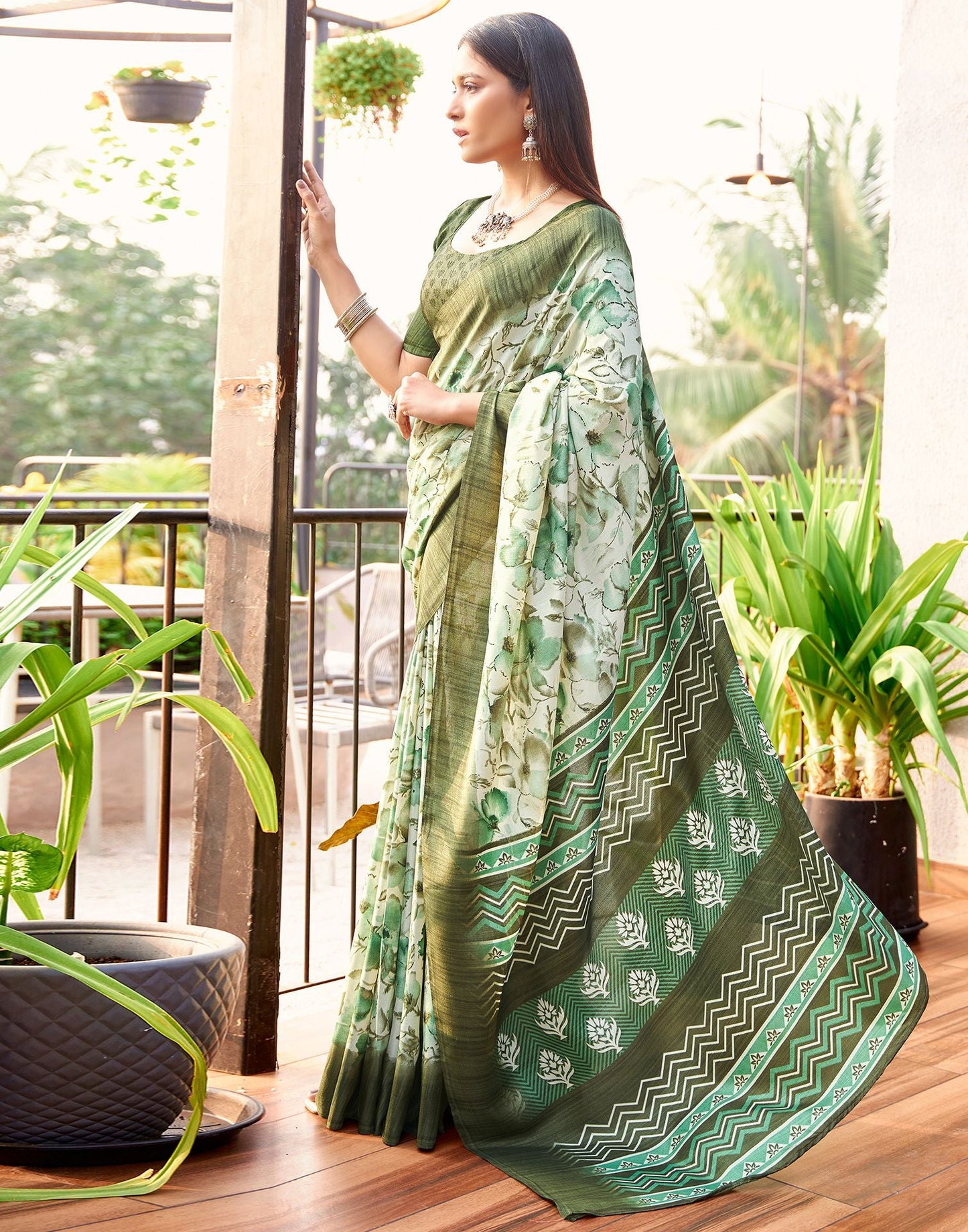 Beige & Pista Printed Silk Saree