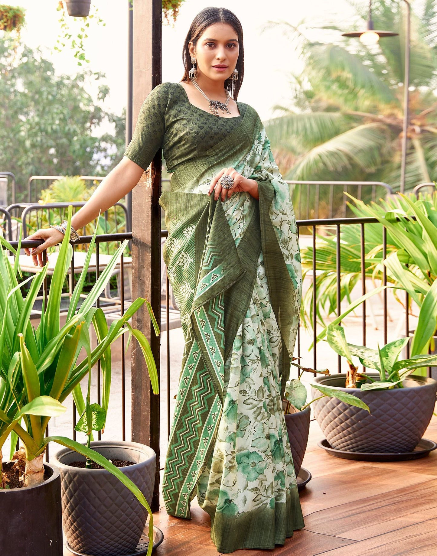 Beige & Pista Printed Silk Saree