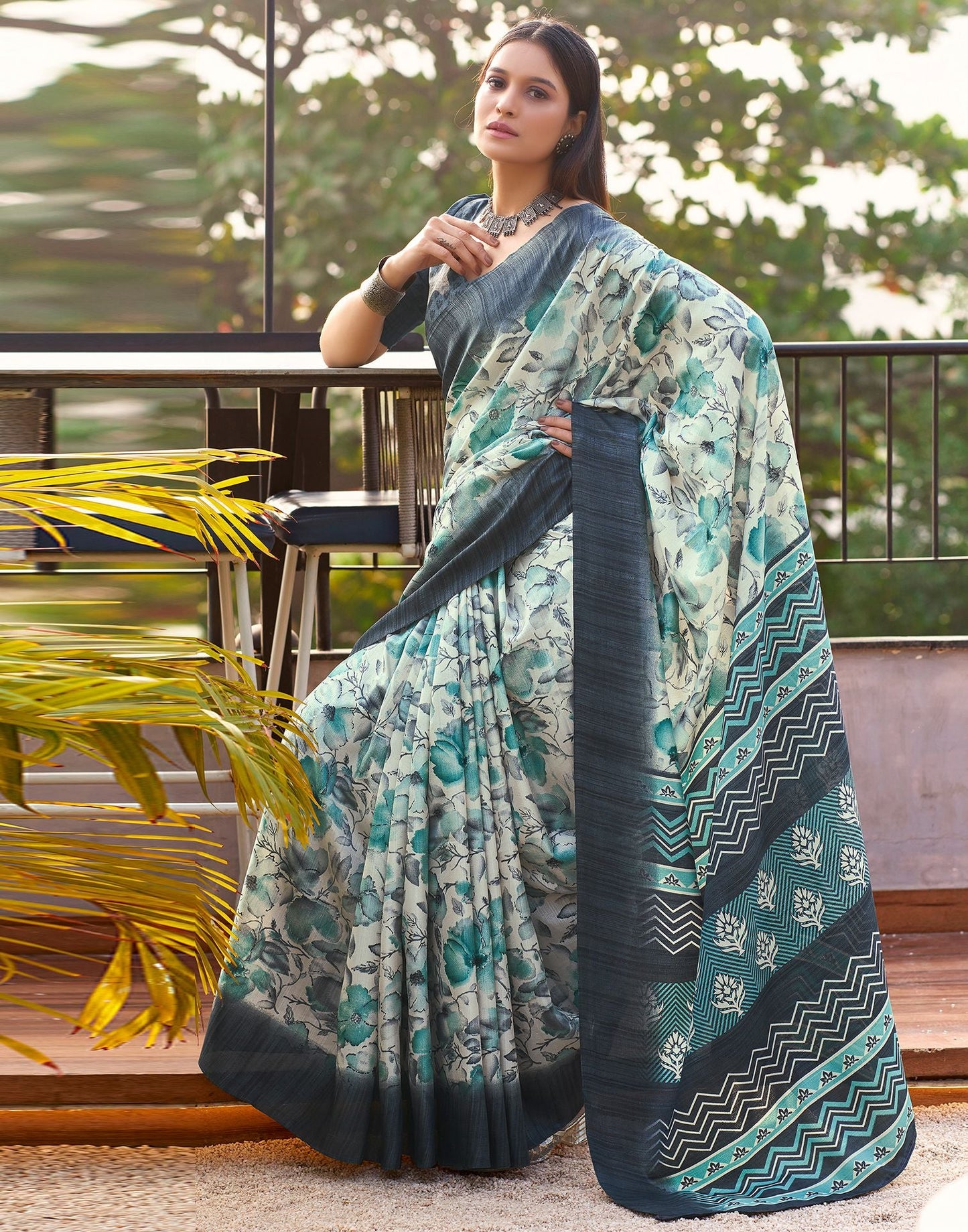 Beige & Multicoloured Printed Silk Saree