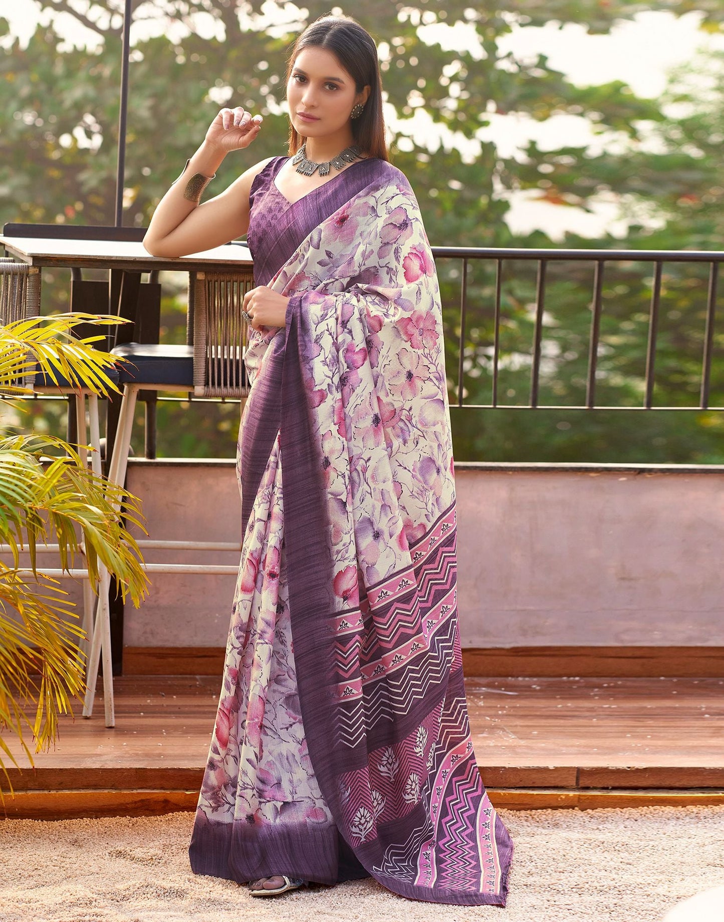 Beige & Multicolour Printed Silk Saree