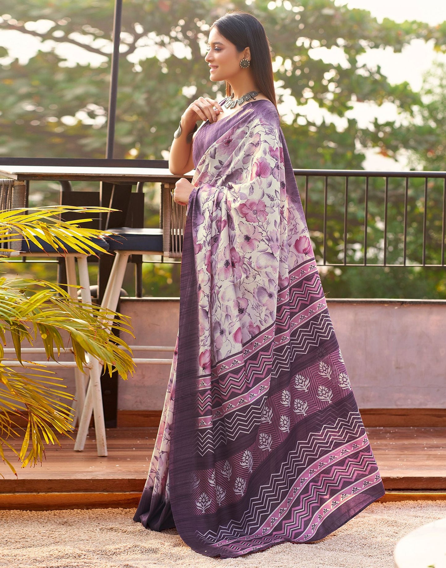 Beige & Multicolour Printed Silk Saree