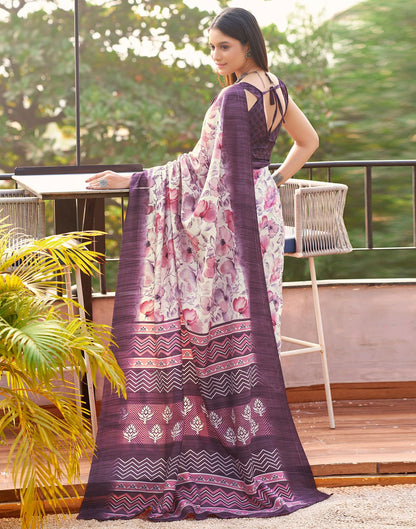 Beige & Multicolour Printed Silk Saree