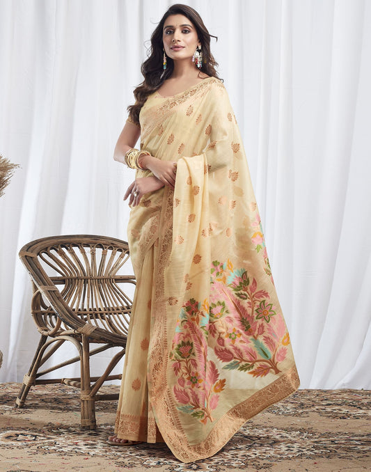 Beige Jacquard Linen Saree