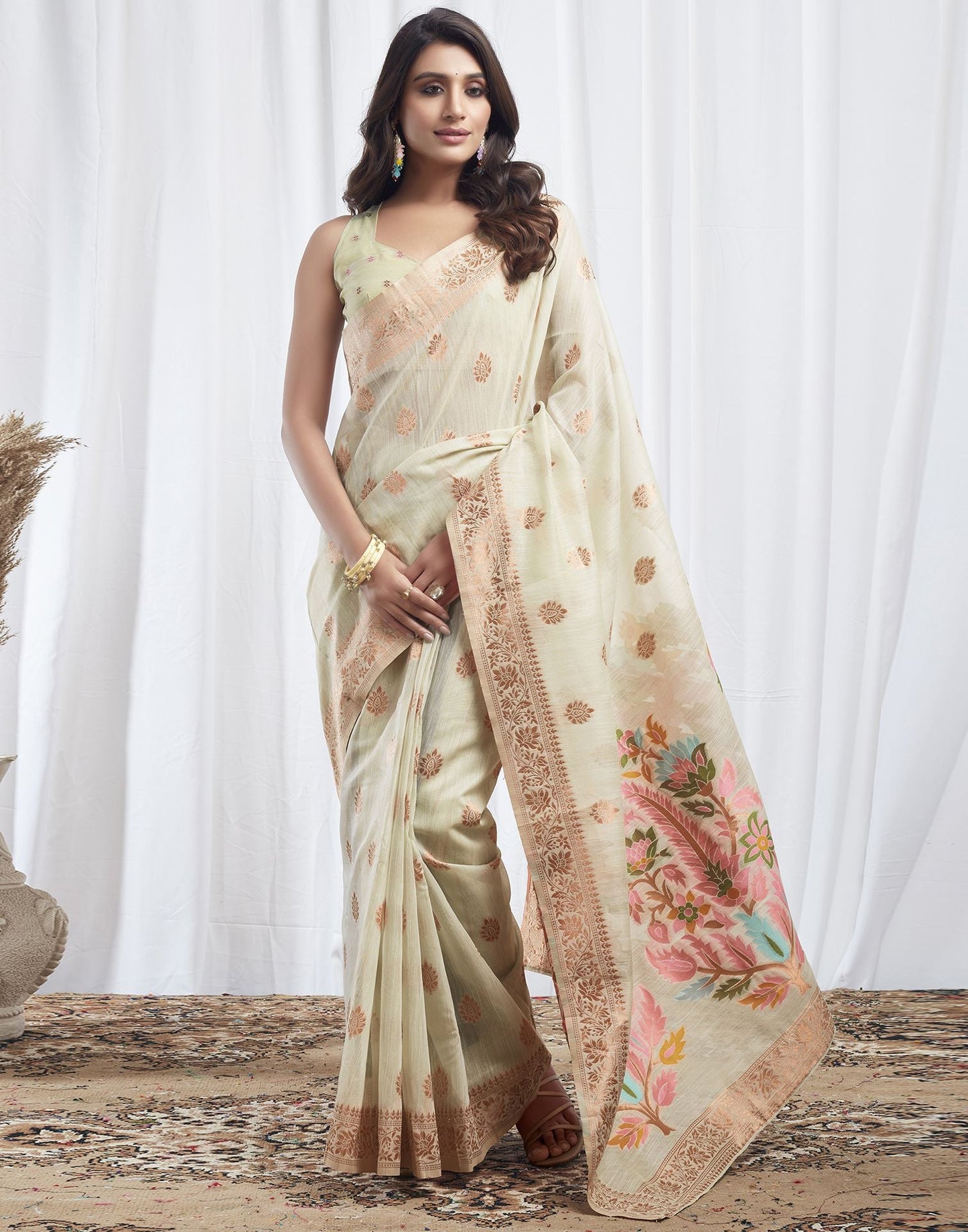 Mint Green Jacquard Linen Saree