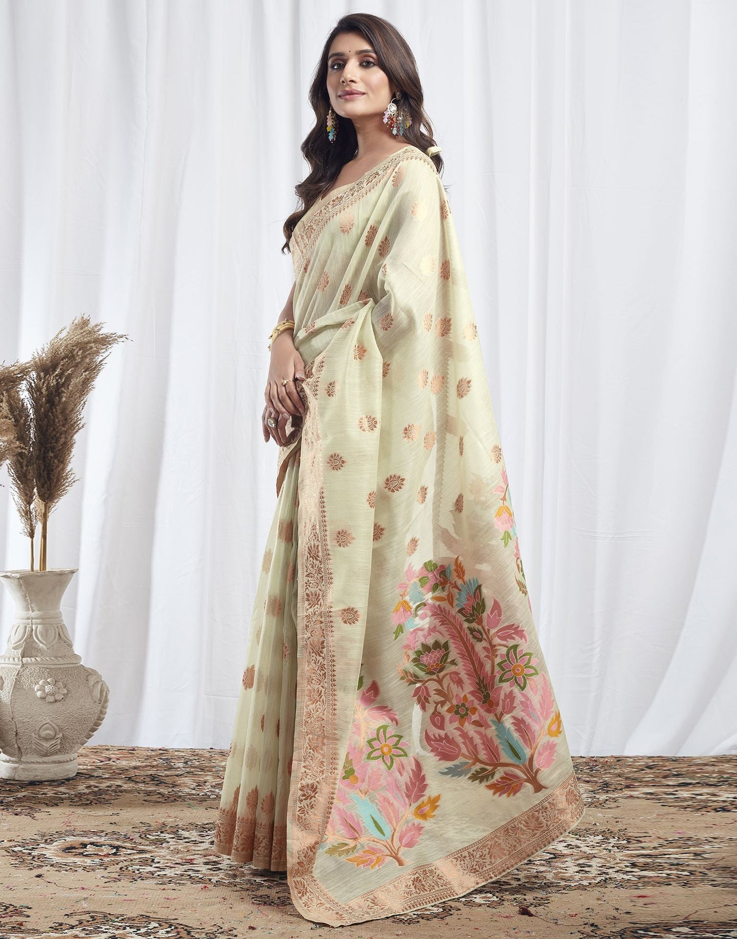 Mint Green Jacquard Linen Saree
