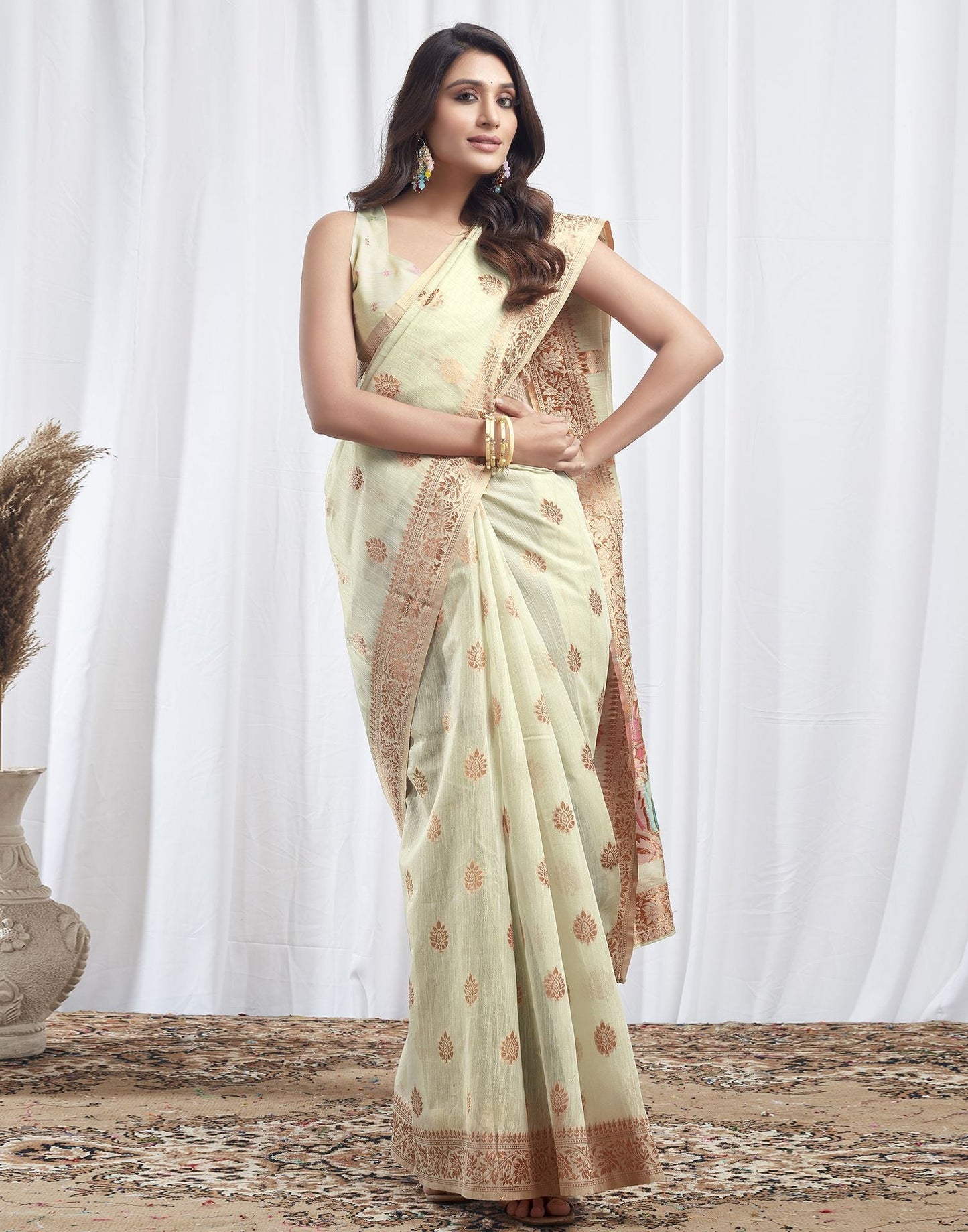 Mint Green Jacquard Linen Saree