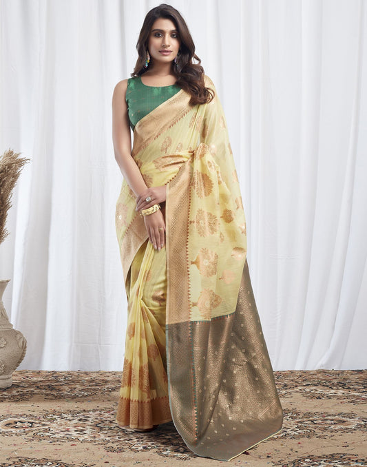 Light Yellow Jacquard Linen Saree