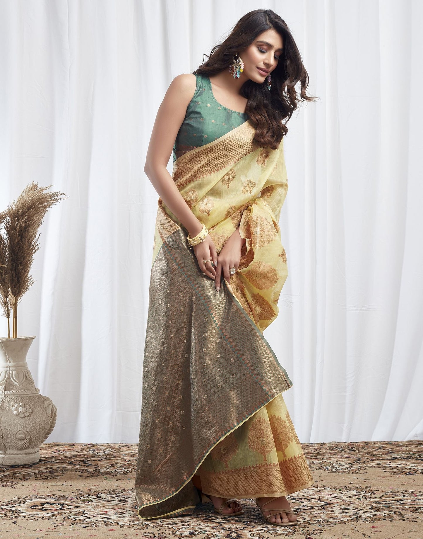 Light Yellow Jacquard Linen Saree