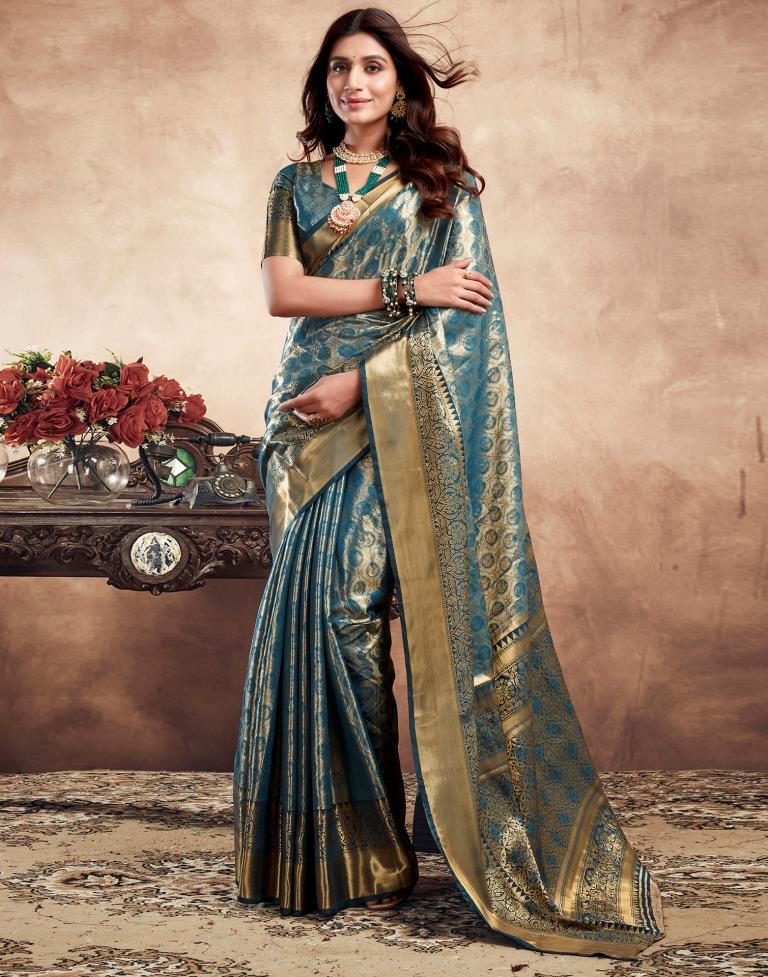 Teal Blue Silk Kanjivaram Saree