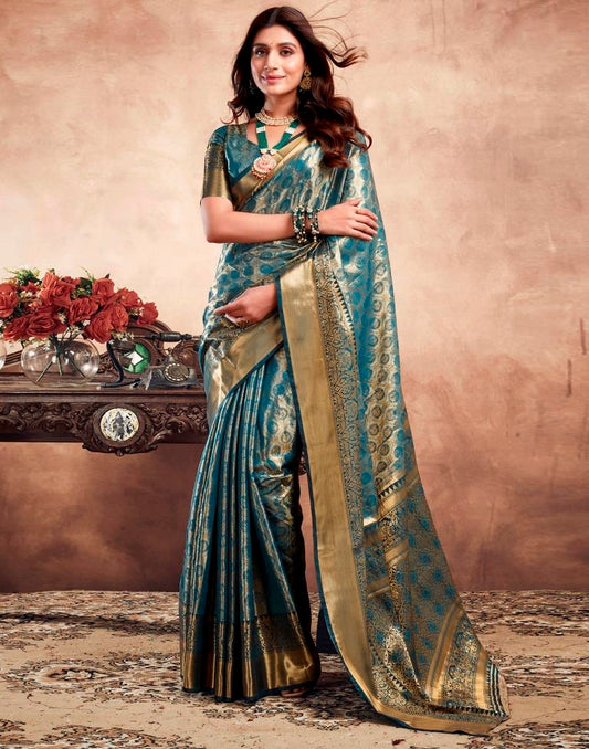 Teal Blue Silk Kanjivaram Saree