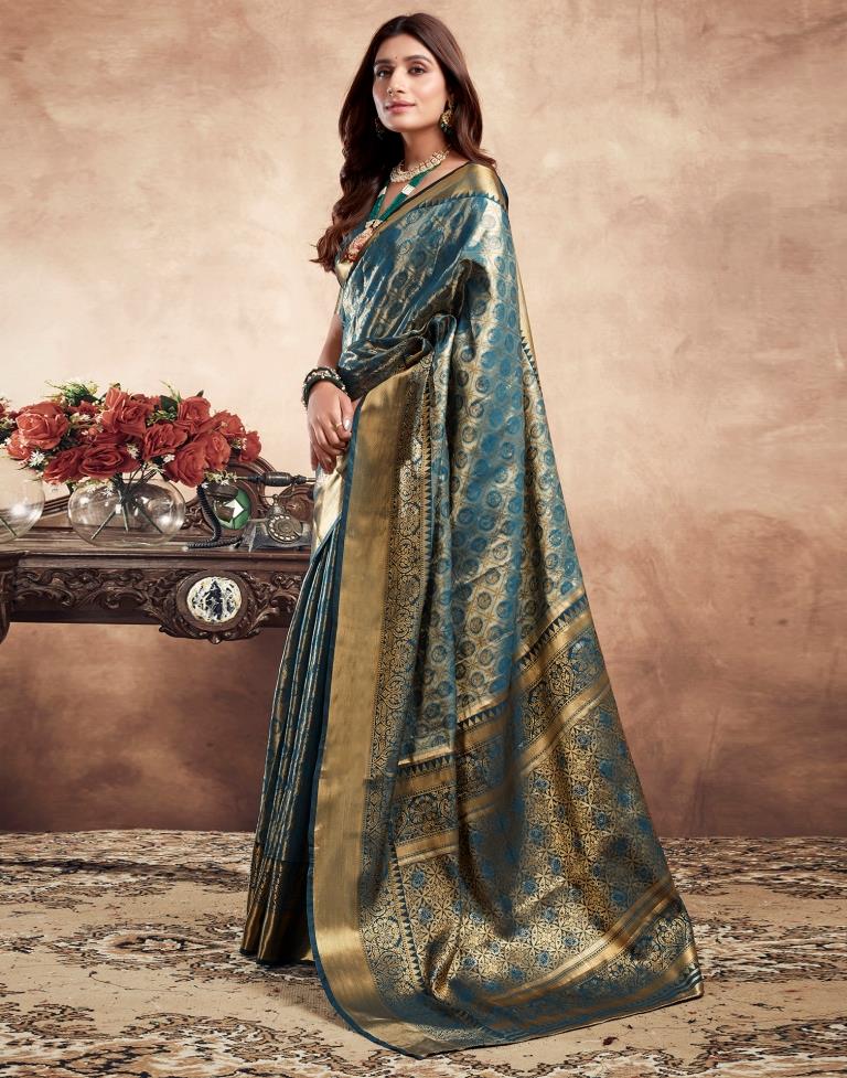 Teal Blue Silk Kanjivaram Saree