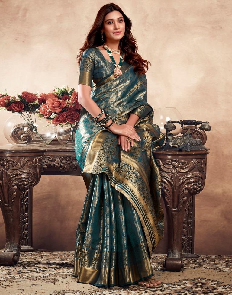 Teal Blue Silk Kanjivaram Saree