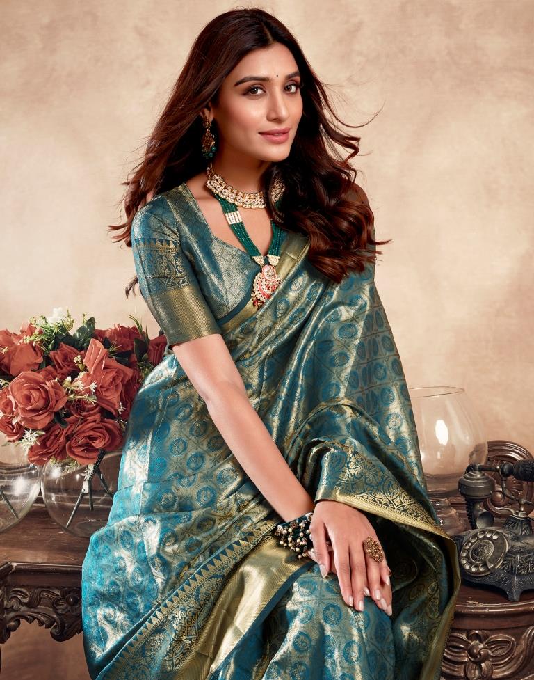 Teal Blue Silk Kanjivaram Saree