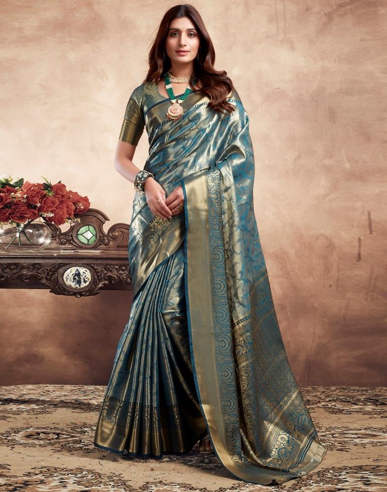 Teal Blue Silk Kanjivaram Saree