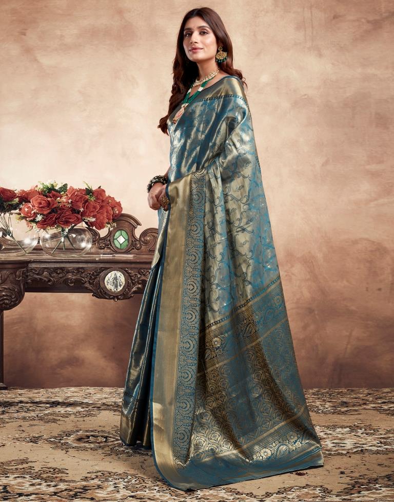 Teal Blue Silk Kanjivaram Saree