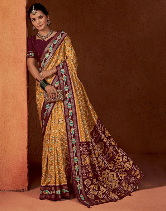Turmeric Yellow Printed Silk Saree