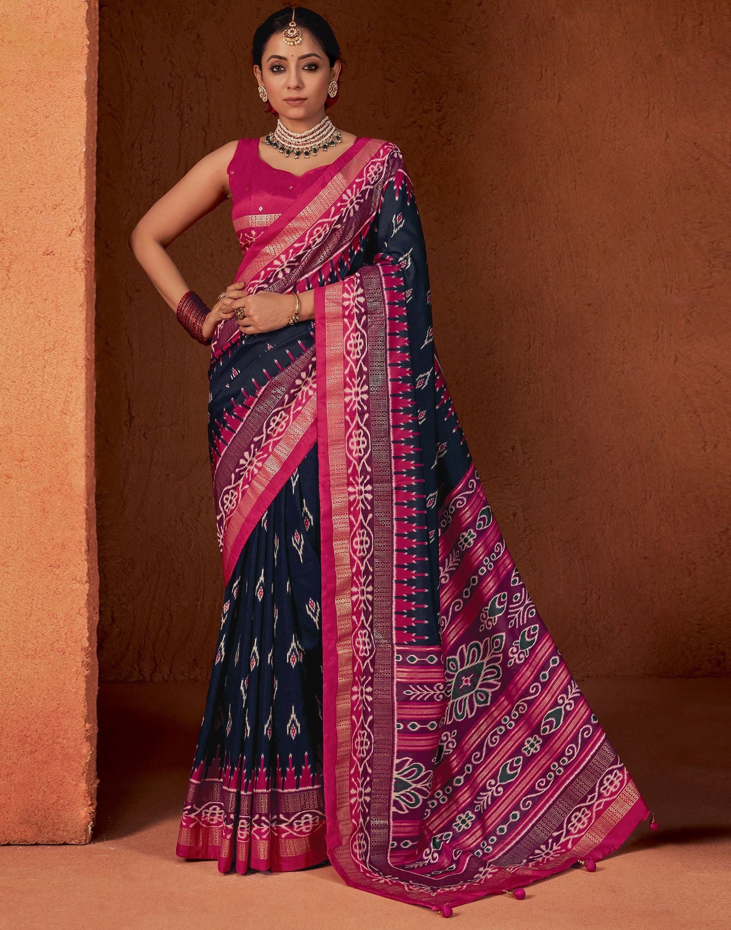 Navy Blue Printed Silk Saree