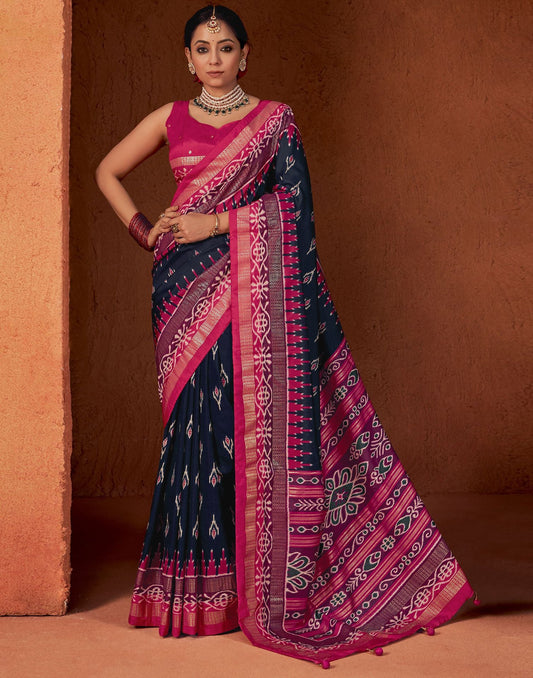 Navy Blue Printed Silk Saree