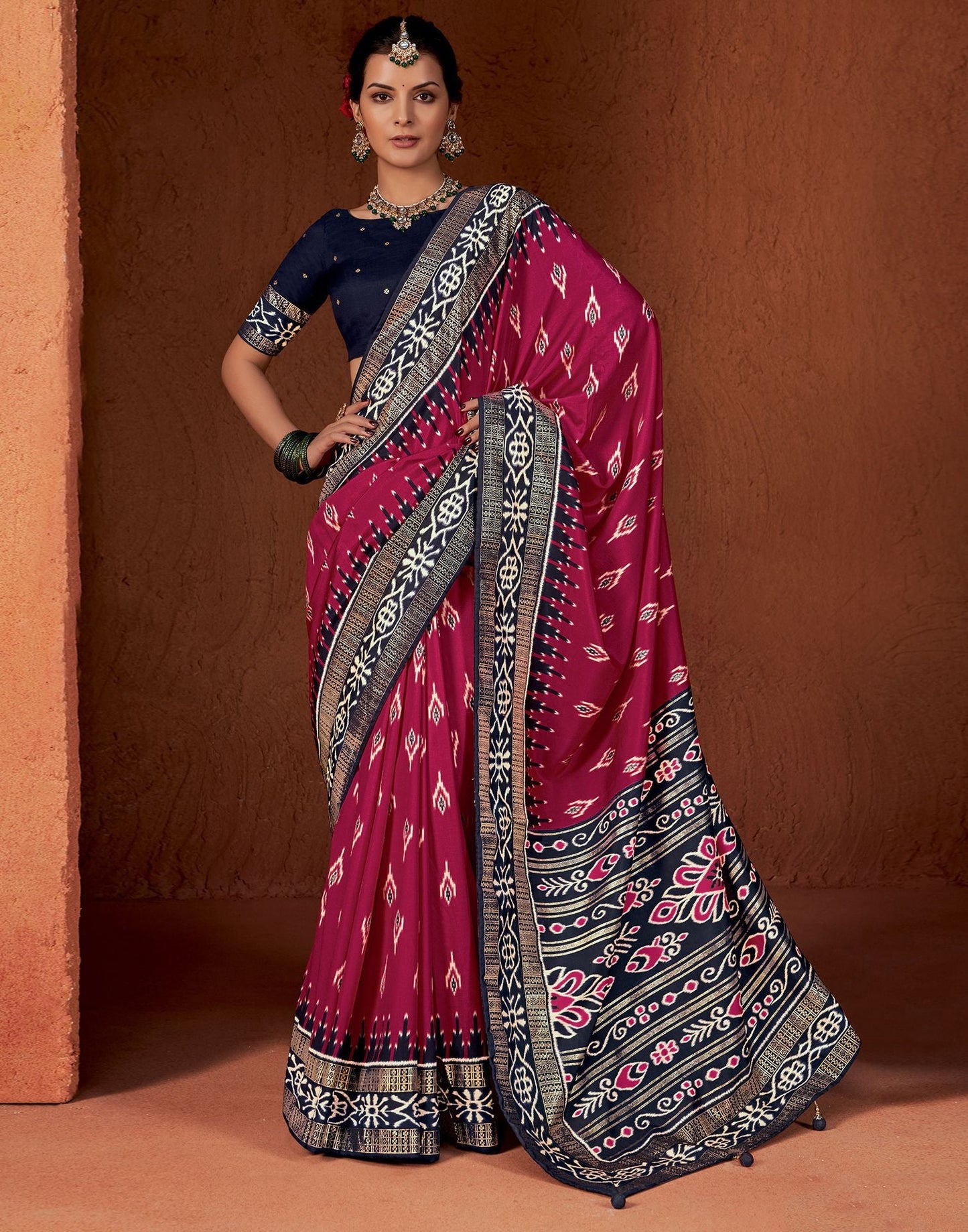 Rani Pink Printed Silk Saree