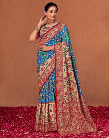 Blue& Multicoloured Printed Silk Saree