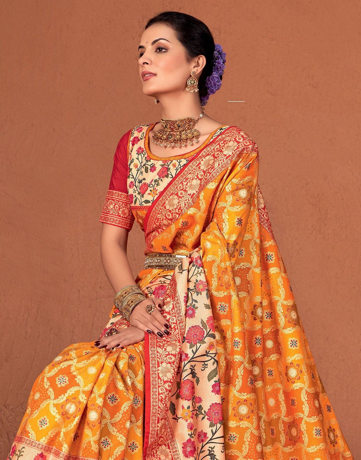 Yellow  & Multicoloured Printed Silk Saree