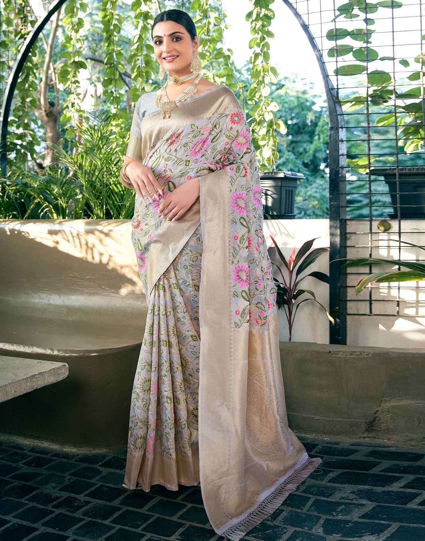 Grey Jacquard Silk Saree