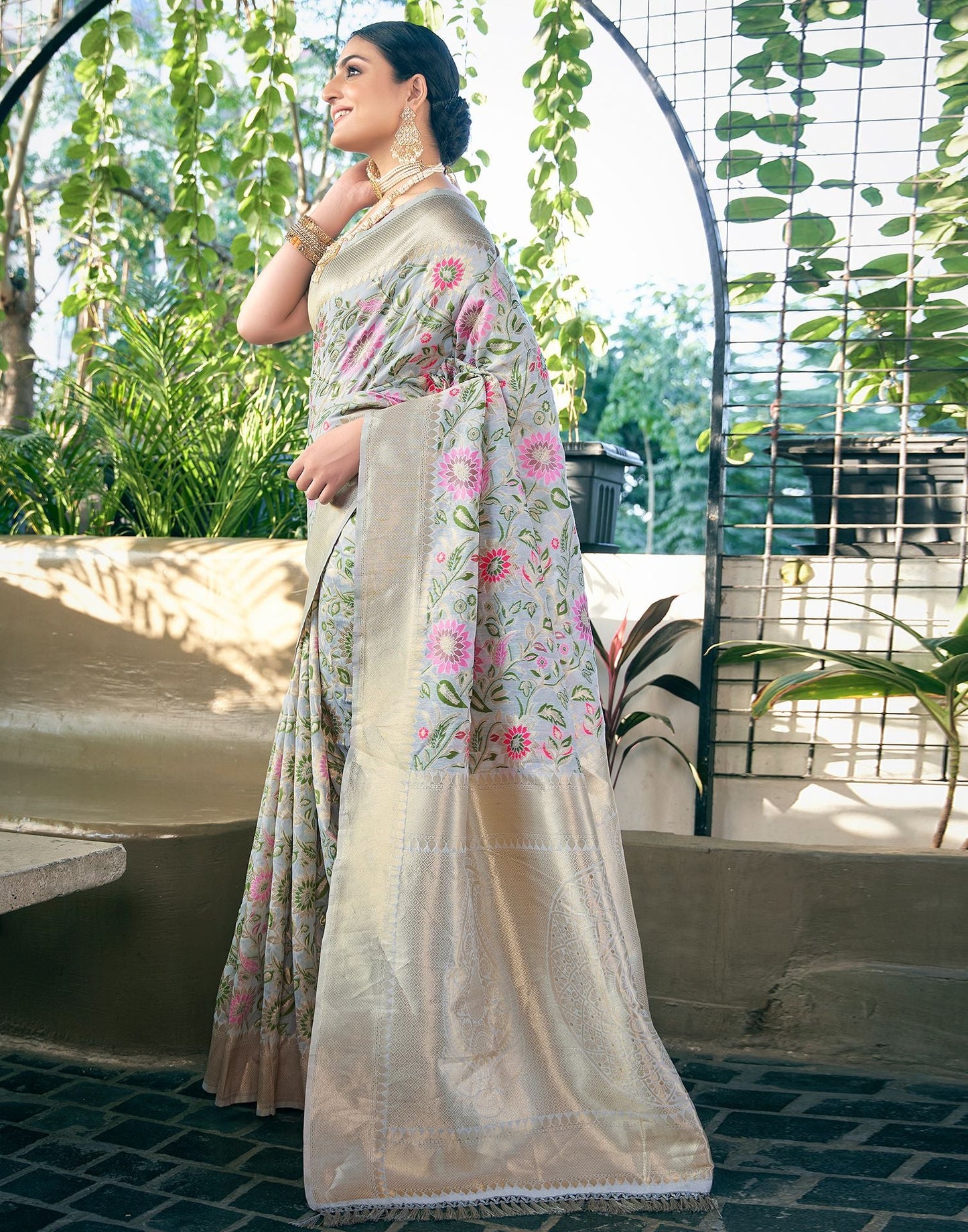 Grey Jacquard Silk Saree