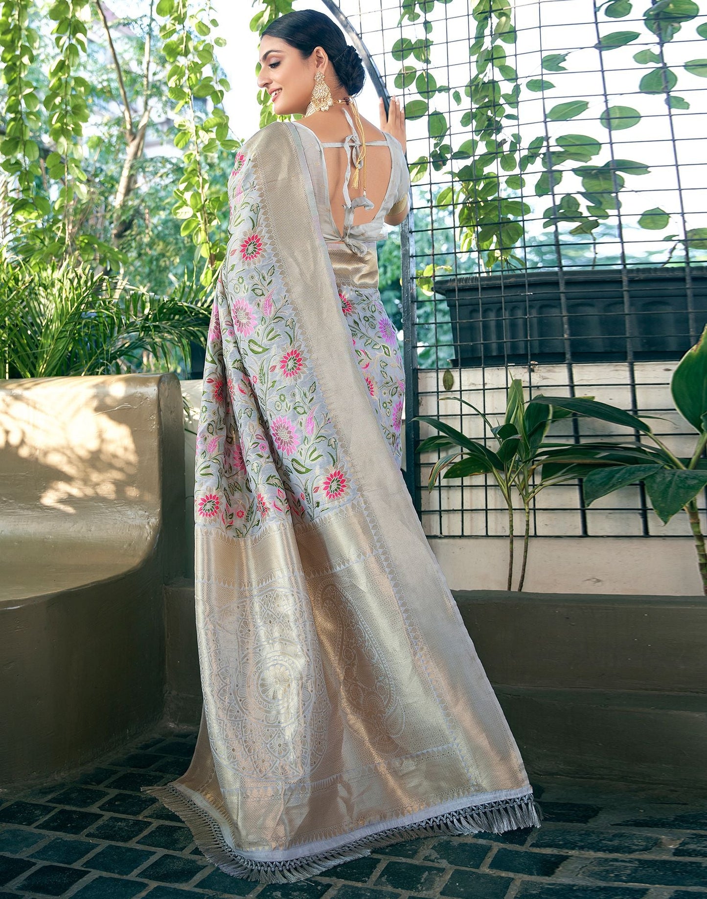 Grey Jacquard Silk Saree