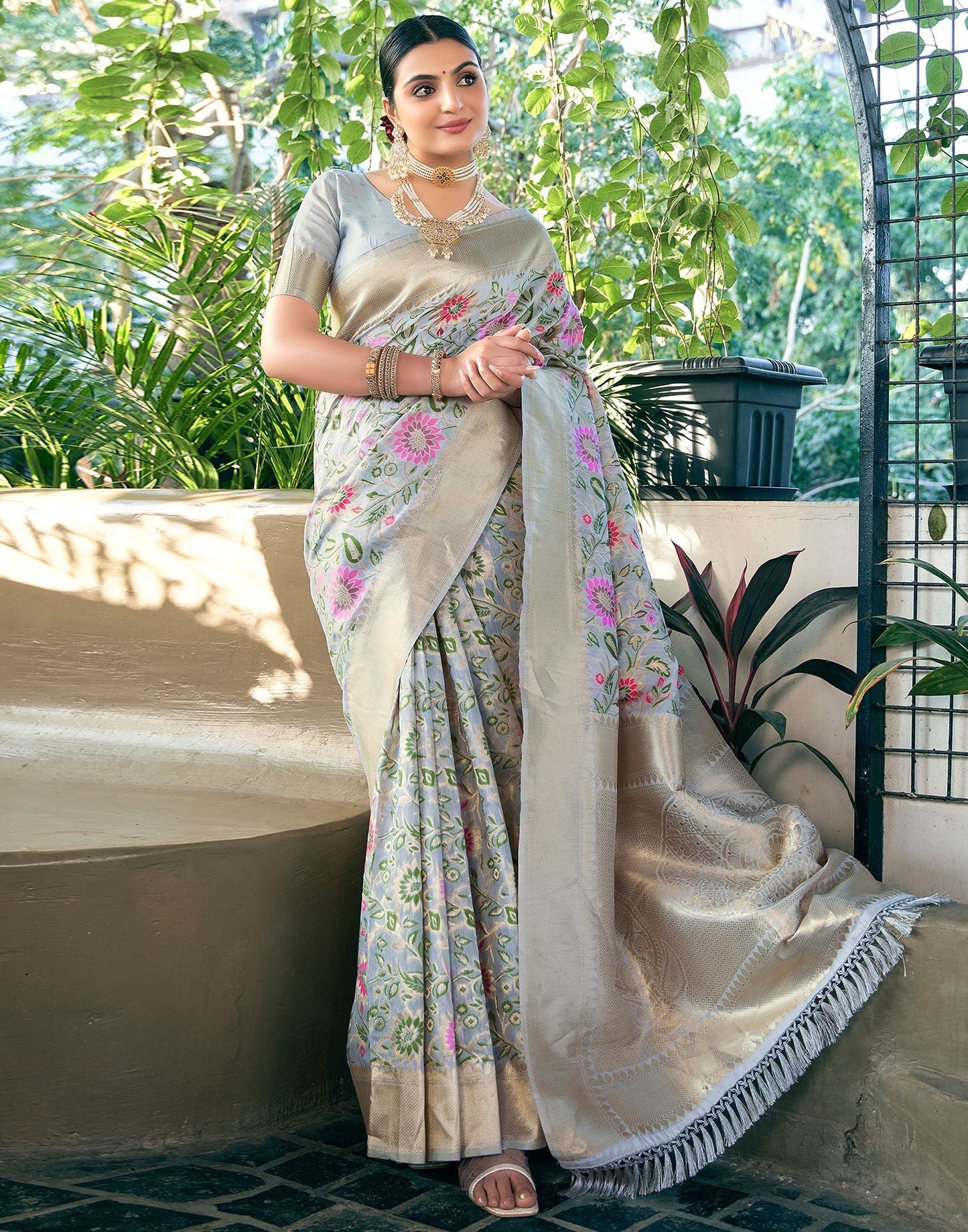 Grey Jacquard Silk Saree