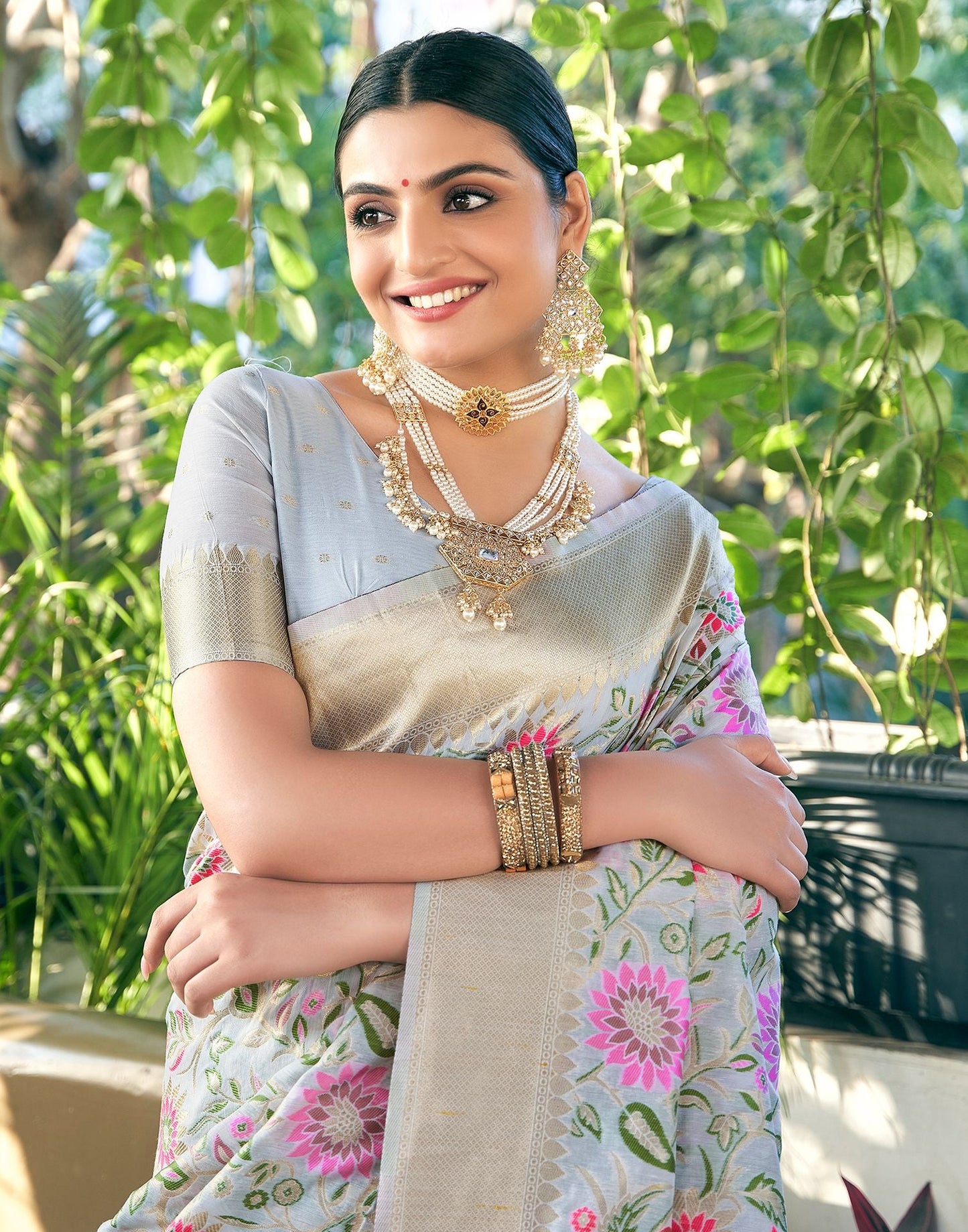 Grey Jacquard Silk Saree