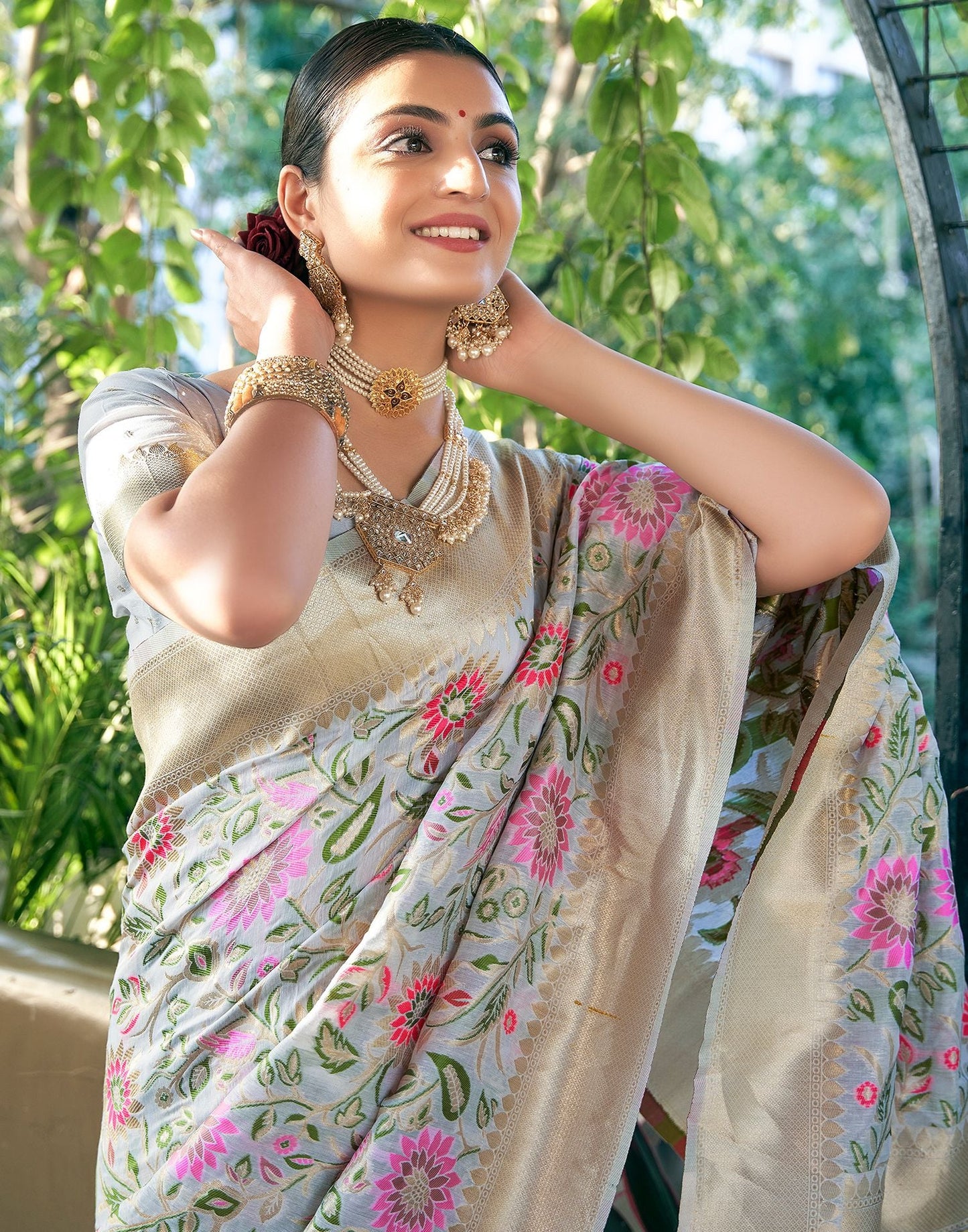 Grey Jacquard Silk Saree