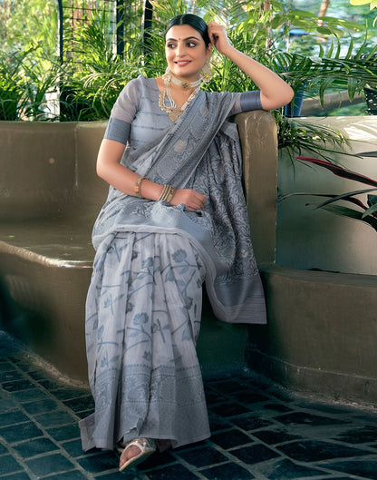 Light Grey Jacquard Linen Saree