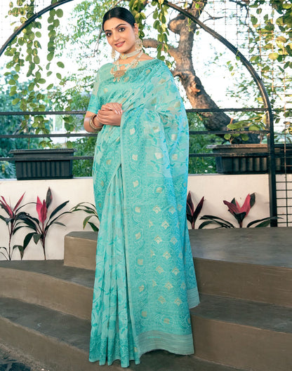 Turquoise Jacquard Linen Saree