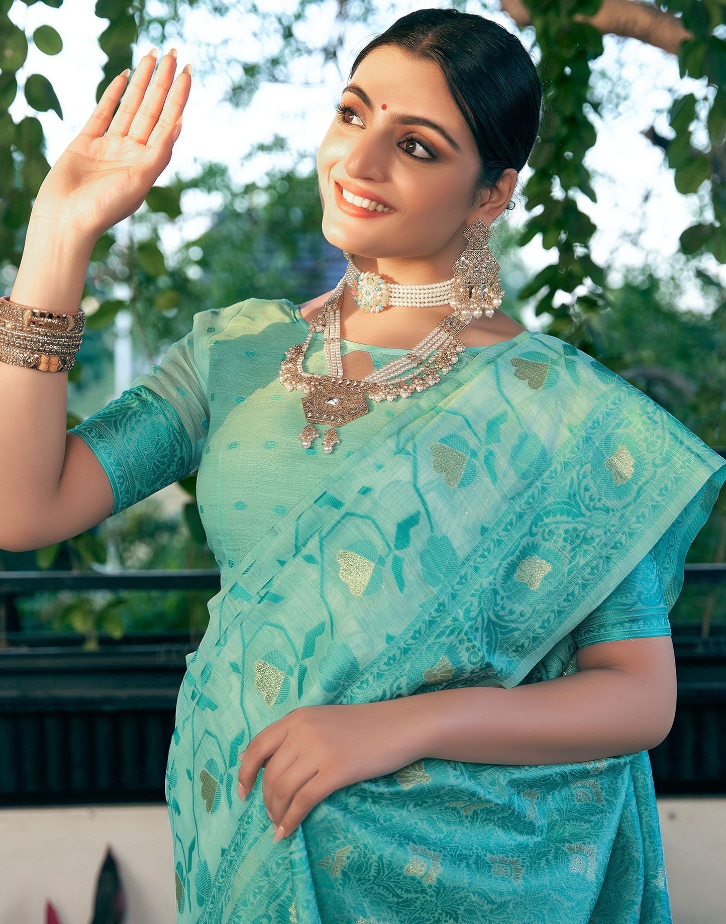 Turquoise Jacquard Linen Saree