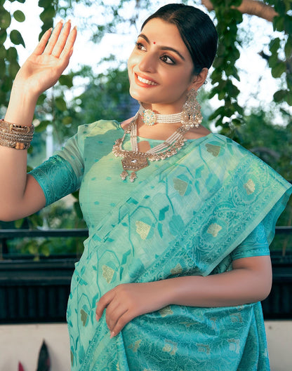 Turquoise Jacquard Linen Saree